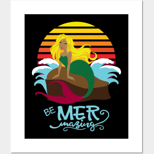 Retro Sunset with Mermaid, "Be Mer mazing" Posters and Art